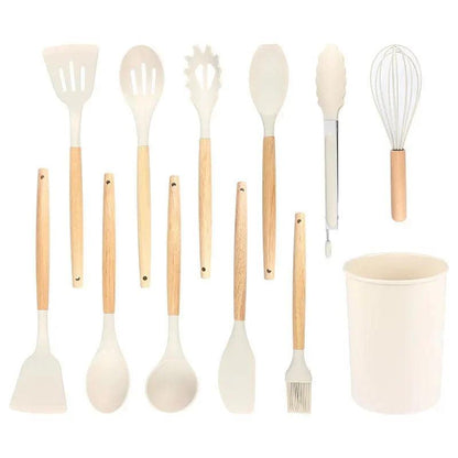 🥄 Conjunto de Utensílios de Cozinha em Silicone com Cabo de Madeira