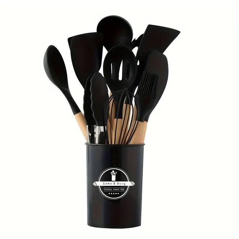 🥄 Conjunto de Utensílios de Cozinha em Silicone com Cabo de Madeira