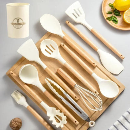 🥄 Conjunto de Utensílios de Cozinha em Silicone com Cabo de Madeira