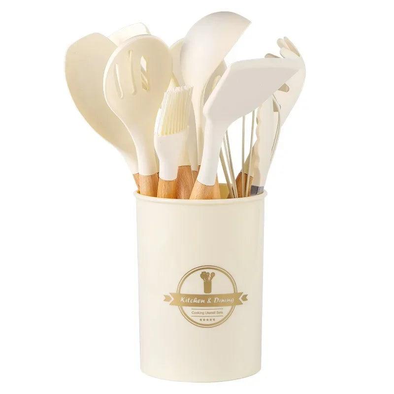 🥄 Conjunto de Utensílios de Cozinha em Silicone com Cabo de Madeira