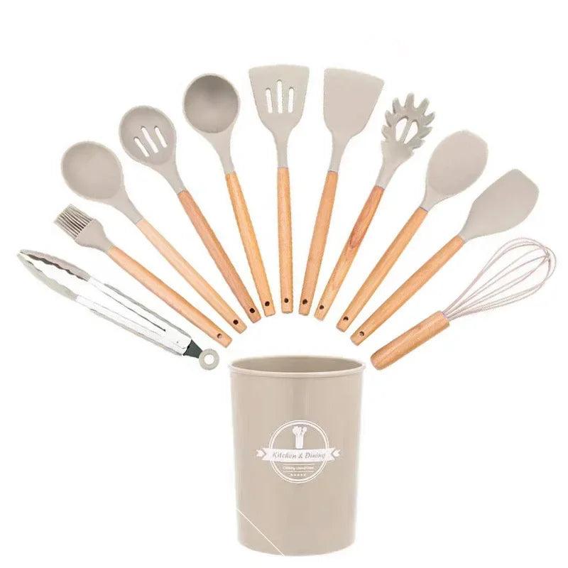 🥄 Conjunto de Utensílios de Cozinha em Silicone com Cabo de Madeira