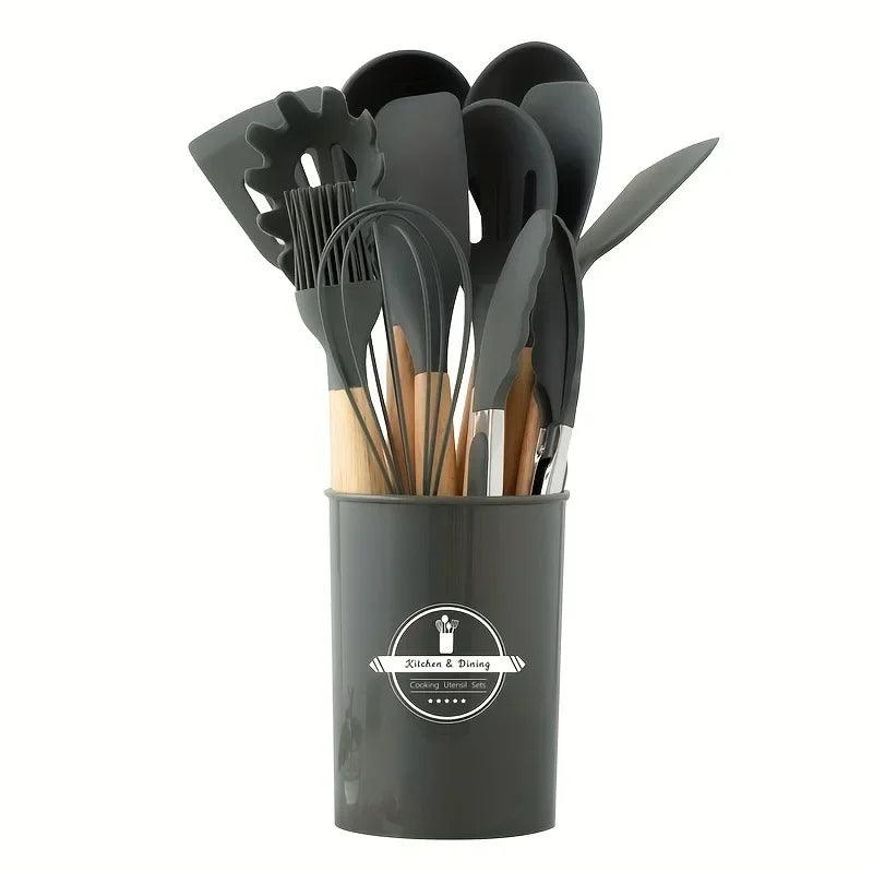 🥄 Conjunto de Utensílios de Cozinha em Silicone com Cabo de Madeira