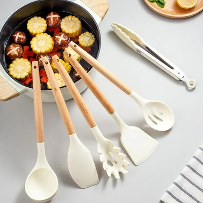 🥄 Conjunto de Utensílios de Cozinha em Silicone com Cabo de Madeira